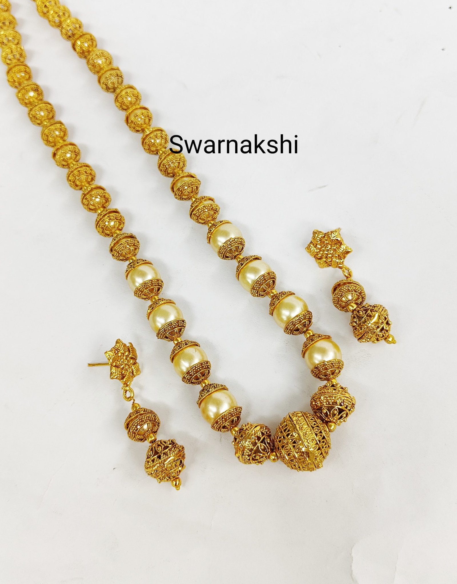 Ball chain designs with pearls and earrings - Swarnakshi Jewels